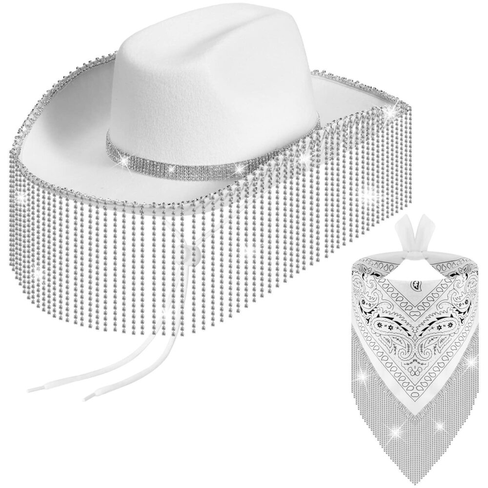 4891 2 Pcs Rhinestone Cowgirl Hat Bling Bandana Glitter Cowboy